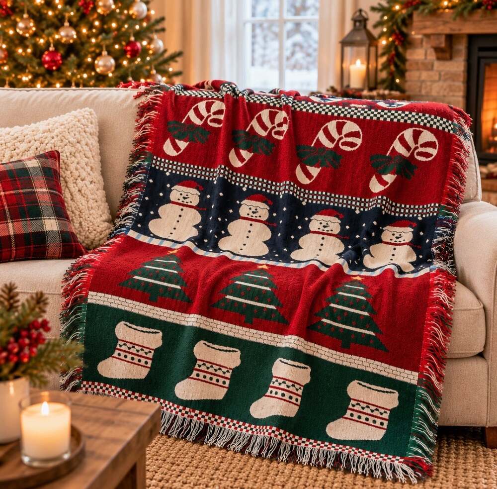 VTG Style Christmas Woven Throw Blanket 54x48 Snowmen Candy Canes Grannycore
